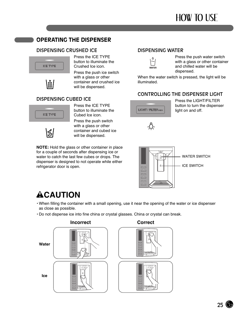 Wcaution, 25 operating the dispenser | LG LMX28983ST User Manual | Page 25 / 46