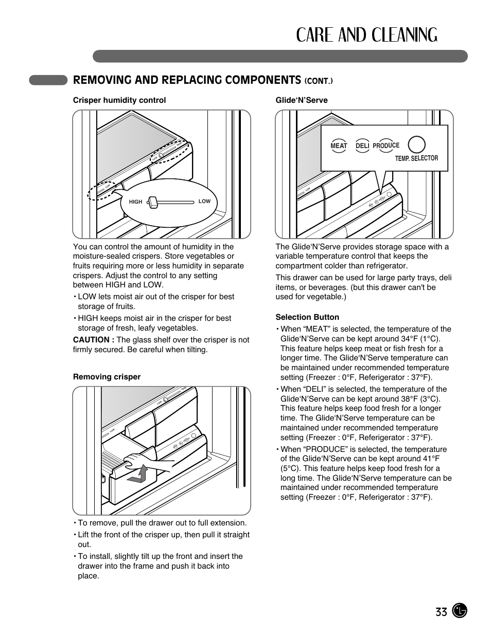 33 removing and replacing components, Temp. selector meat deli produce | LG LMX28983ST User Manual | Page 33 / 46