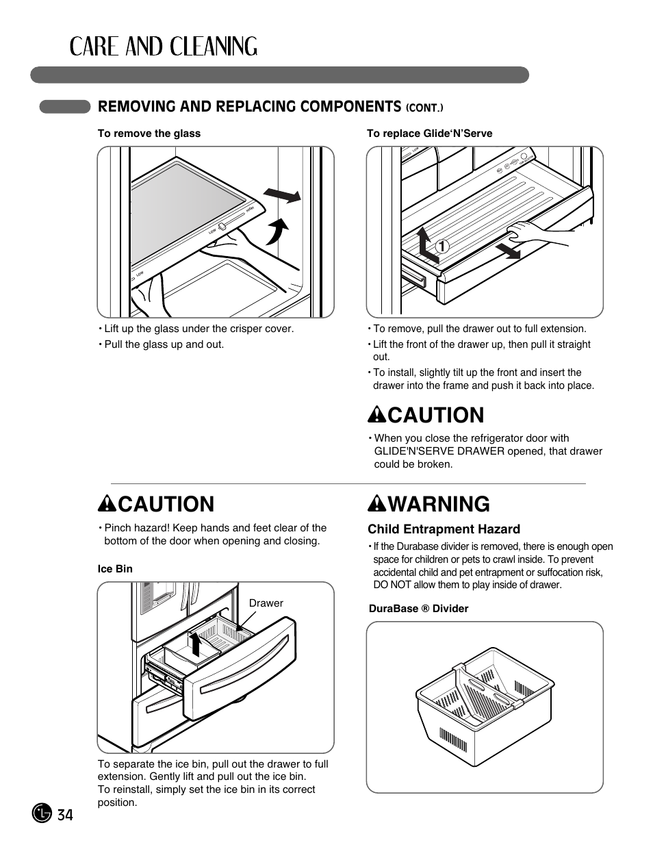 Wcaution, Wwarning, 34 removing and replacing components | Child entrapment hazard | LG LMX28983ST User Manual | Page 34 / 46