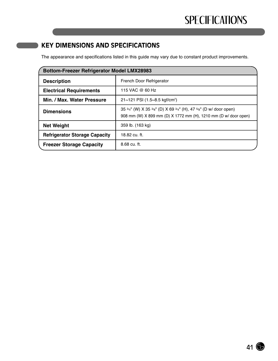 41 key dimensions and specifications | LG LMX28983ST User Manual | Page 41 / 46