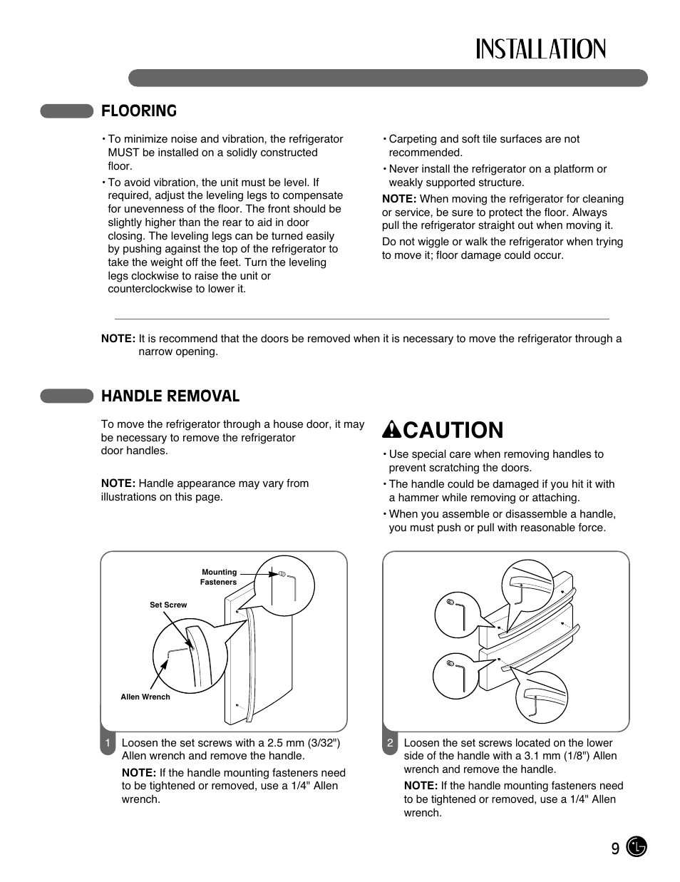 Wcaution, 9flooring, Handle removal | LG LMX28983ST User Manual | Page 9 / 46