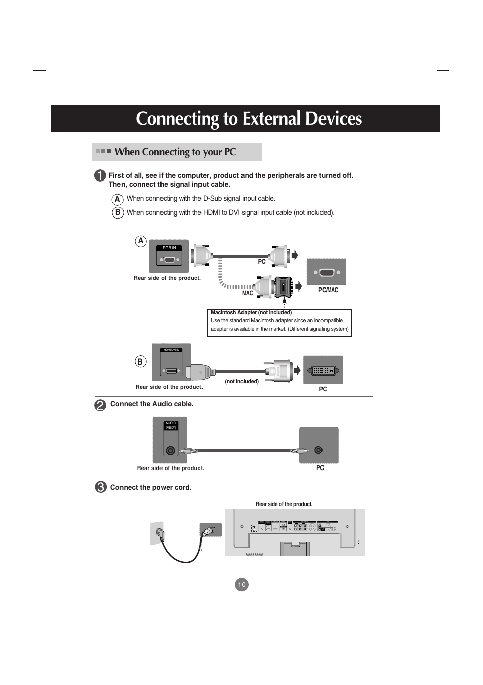 Connecting to external devices, When connecting to your pc, Ba b a | L-audio-r, S-video, Connect the power cord, Connect the audio cable | LG M4210C-BA User Manual | Page 11 / 58