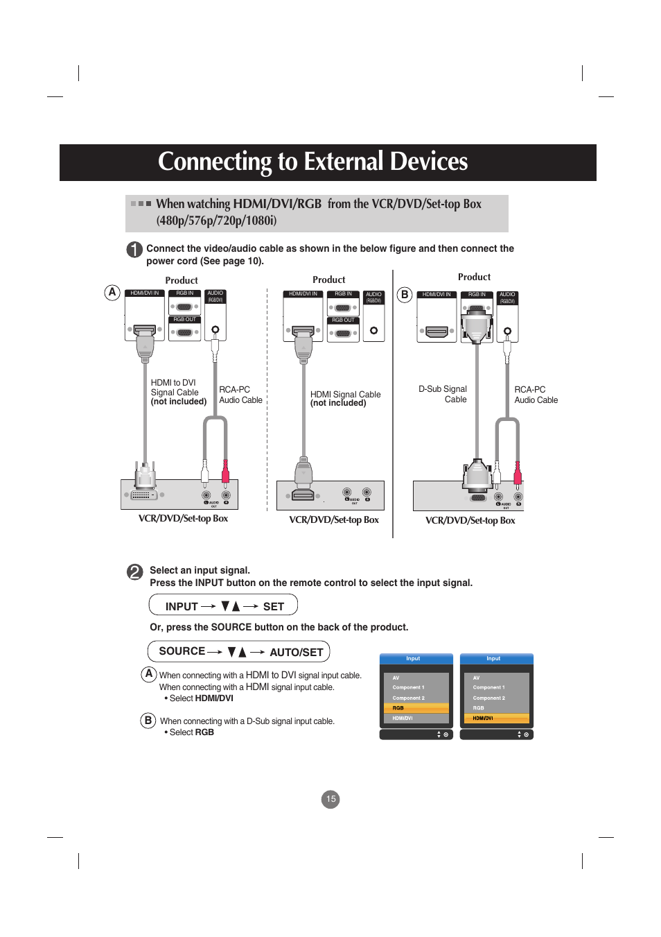 Connecting to external devices, Ba a b | LG M4210C-BA User Manual | Page 16 / 58