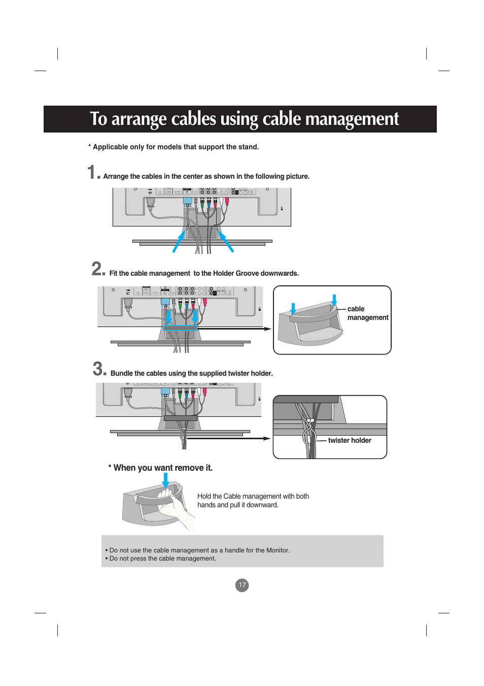 To arrange cables using cable management, When you want remove it, S-video | S-video cable management | LG M4210C-BA User Manual | Page 18 / 58