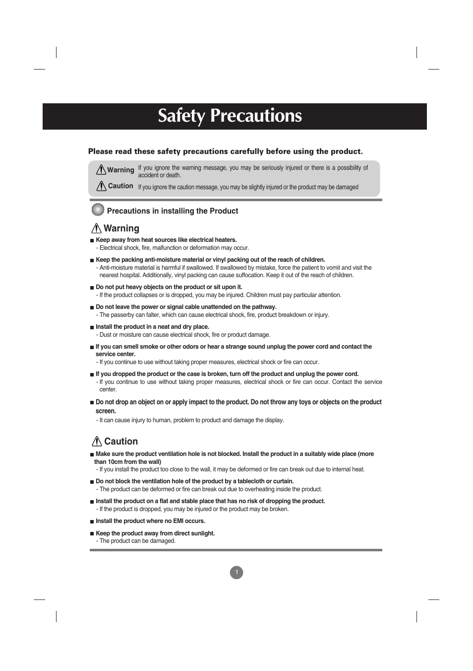 Safety precautions, Precautions in installing the product, Warning caution | LG M4210C-BA User Manual | Page 2 / 58
