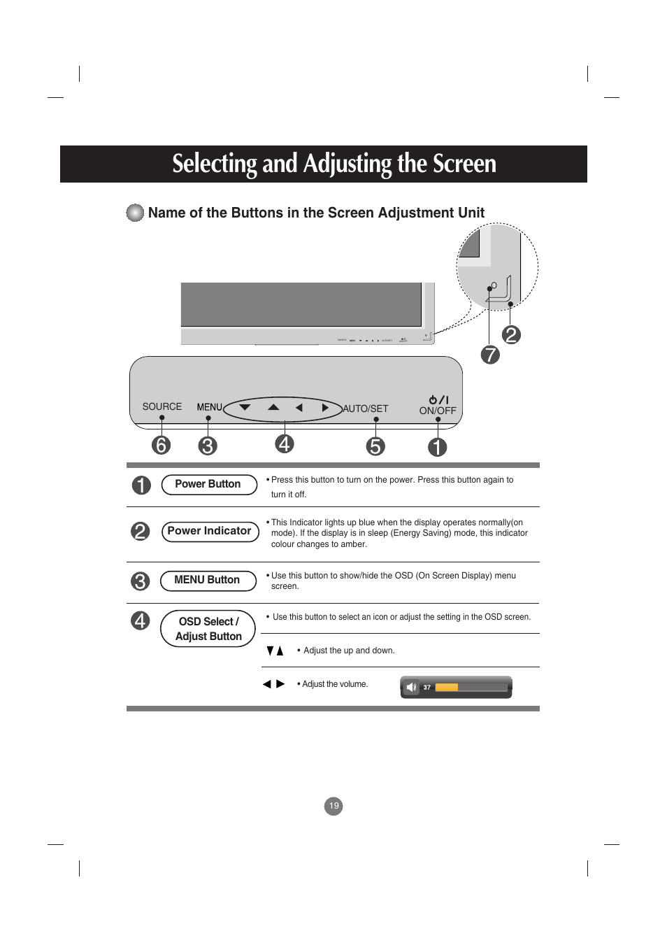 Selecting and adjusting the screen, Name of the buttons in the screen adjustment unit | LG M4210C-BA User Manual | Page 20 / 58