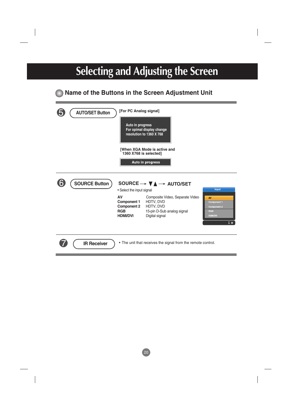 Selecting and adjusting the screen, Name of the buttons in the screen adjustment unit | LG M4210C-BA User Manual | Page 21 / 58