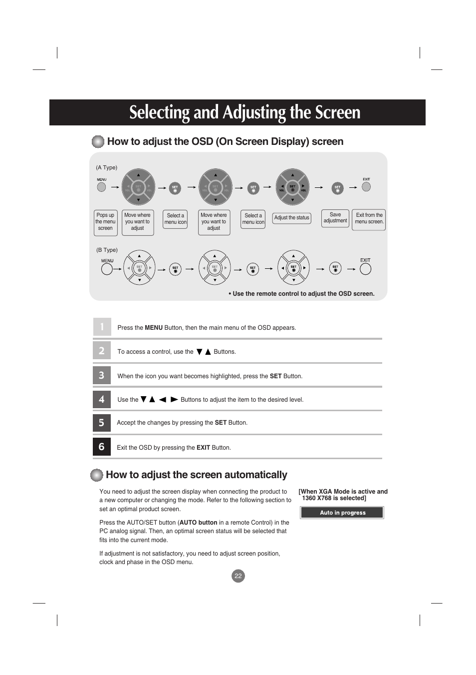 How to adjust the osd (on screen display) screen, How to adjust the screen automatically, Selecting and adjusting the screen | LG M4210C-BA User Manual | Page 23 / 58