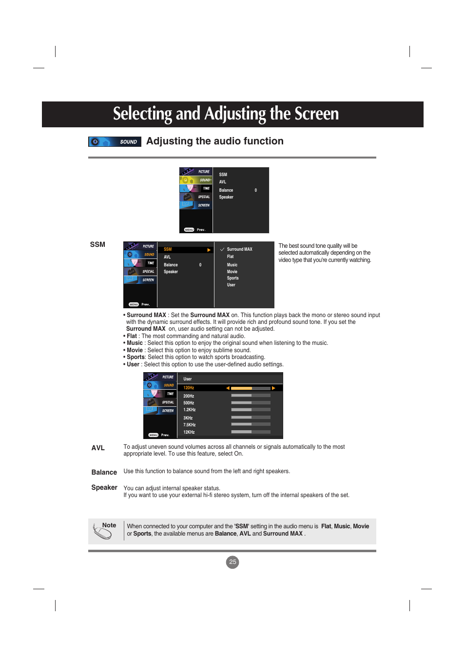 Adjusting the audio function, Selecting and adjusting the screen | LG M4210C-BA User Manual | Page 26 / 58