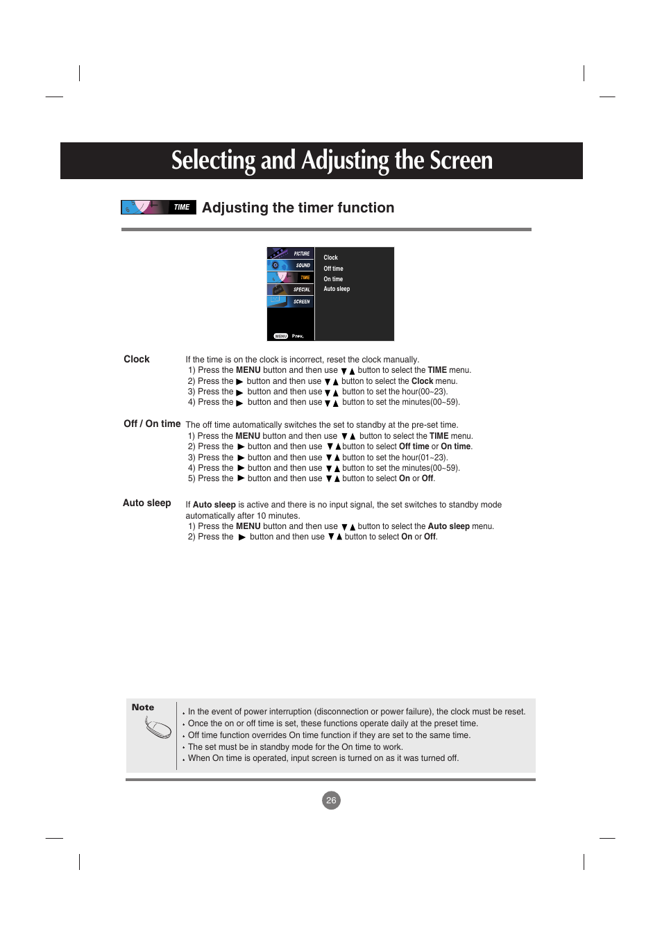 Adjusting the timer function, Selecting and adjusting the screen | LG M4210C-BA User Manual | Page 27 / 58