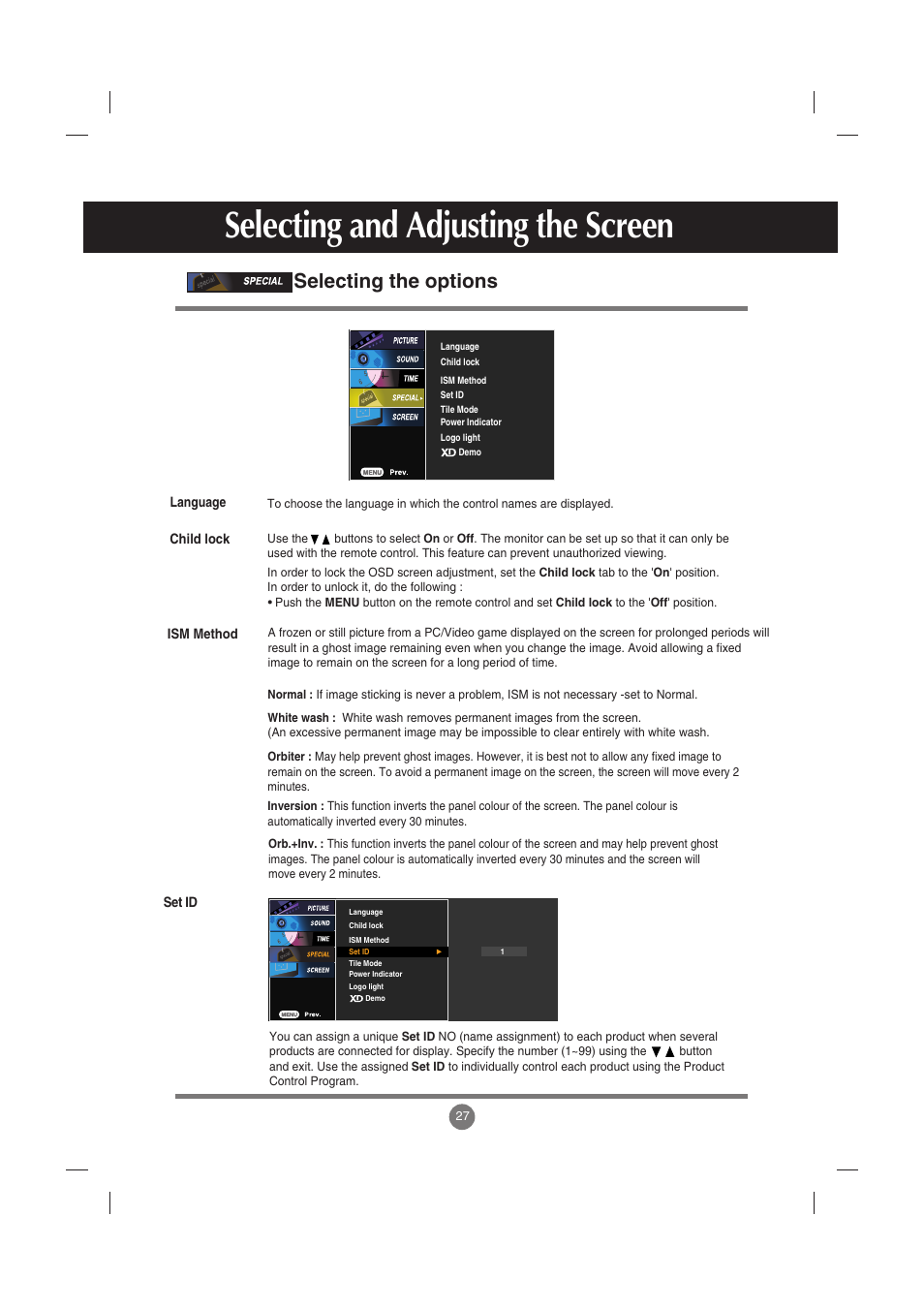 Selecting the options, Selecting and adjusting the screen | LG M4210C-BA User Manual | Page 28 / 58
