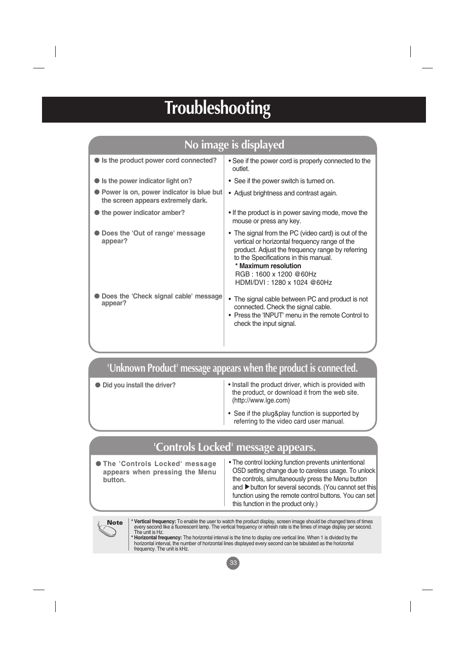 Troubleshooting, No image is displayed, Controls locked' message appears | LG M4210C-BA User Manual | Page 34 / 58
