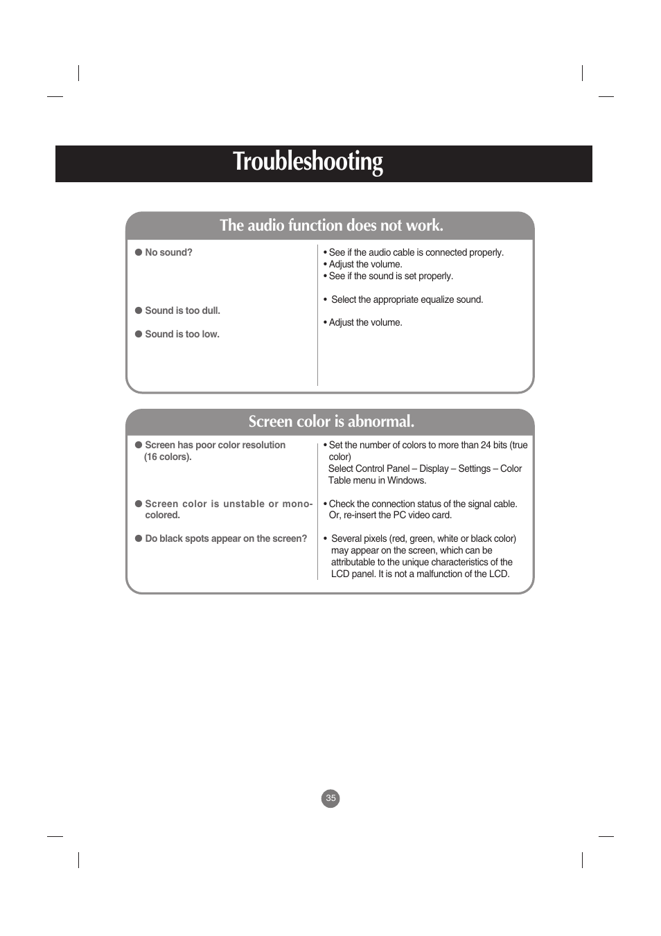 The audio function does not work, Screen color is abnormal, Troubleshooting | LG M4210C-BA User Manual | Page 36 / 58