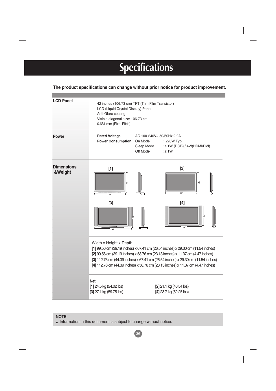 Specifications | LG M4210C-BA User Manual | Page 37 / 58