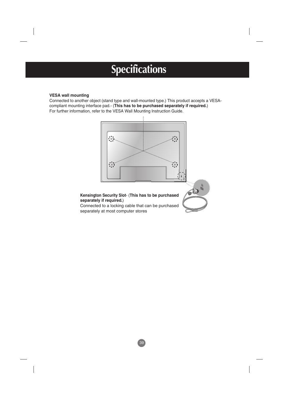 Vesa wall mounting, Kensington security slot, Specifications | LG M4210C-BA User Manual | Page 40 / 58