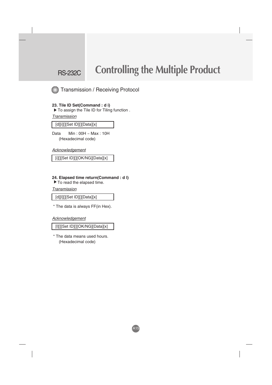Controlling the multiple product, Rs-232c, Transmission / receiving protocol | LG M4210C-BA User Manual | Page 55 / 58