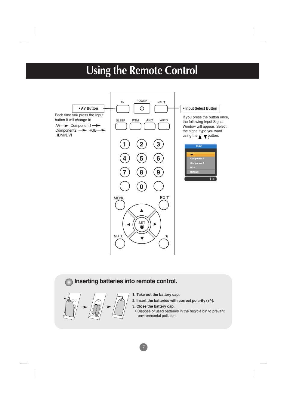 Inserting batteries into remote control, Using the remote control | LG M4210C-BA User Manual | Page 8 / 58
