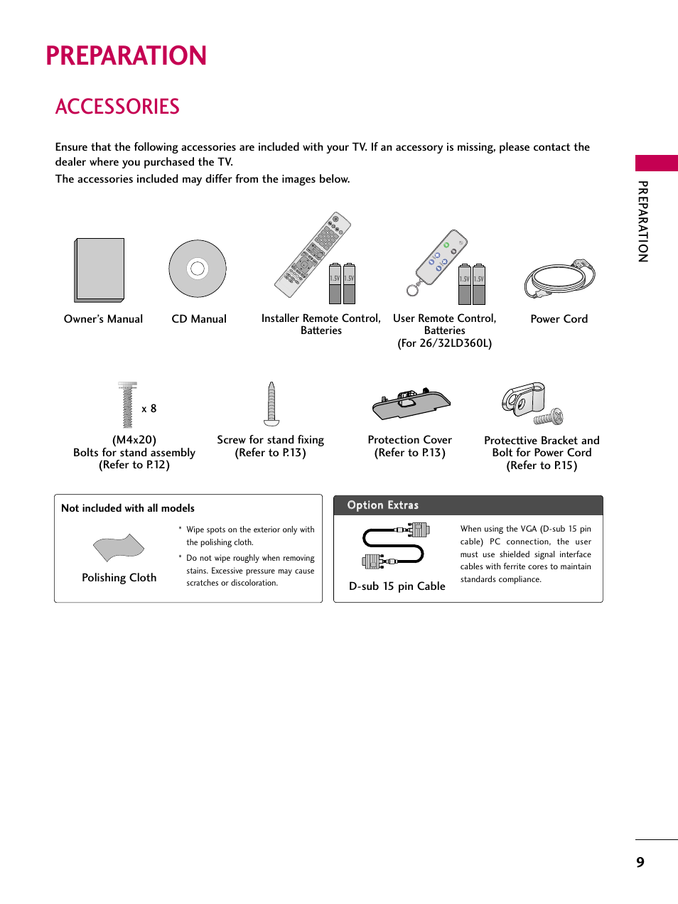 Preparation, Accessories, Prep ar a tion | En er gy, Pa g e sa vin g, Av m od e inp ut, Ma rk lis t, Mu te | LG 26LD360L User Manual | Page 10 / 127