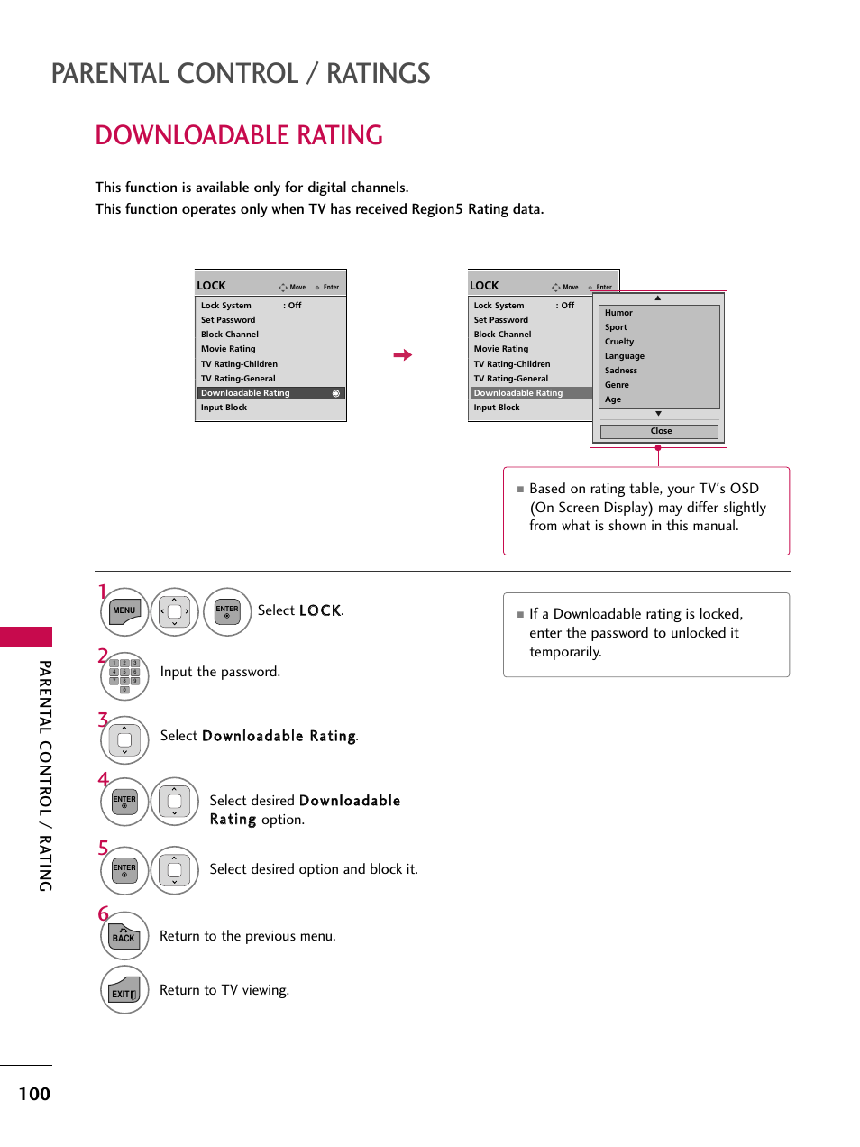 Downloadable rating, Parental control / ratings, Parent al contr ol / r a ting | LG 26LD360L User Manual | Page 101 / 127