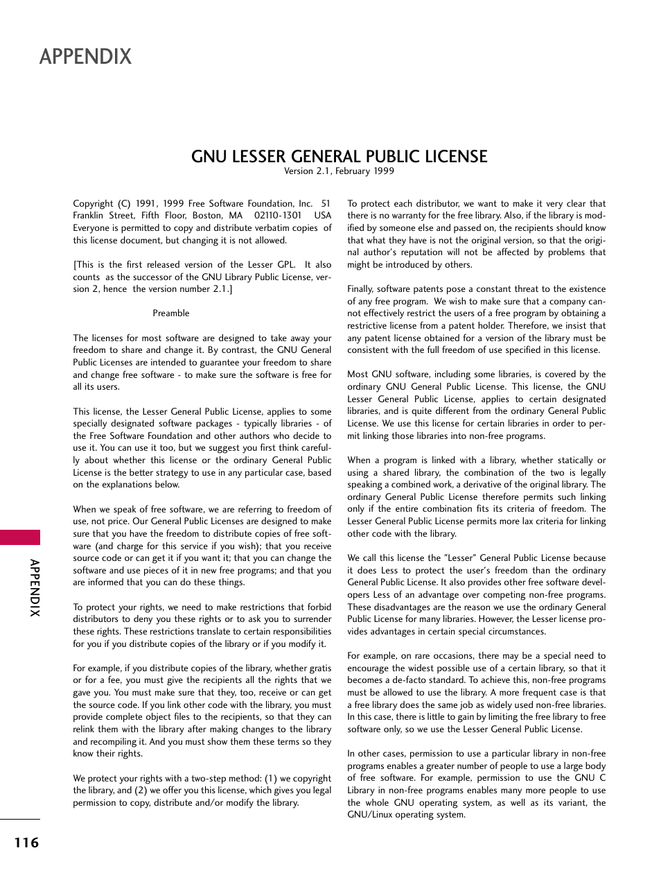 Appendix, Gnu lesser general public license | LG 26LD360L User Manual | Page 117 / 127