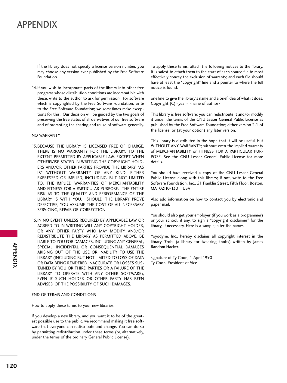 Appendix | LG 26LD360L User Manual | Page 121 / 127
