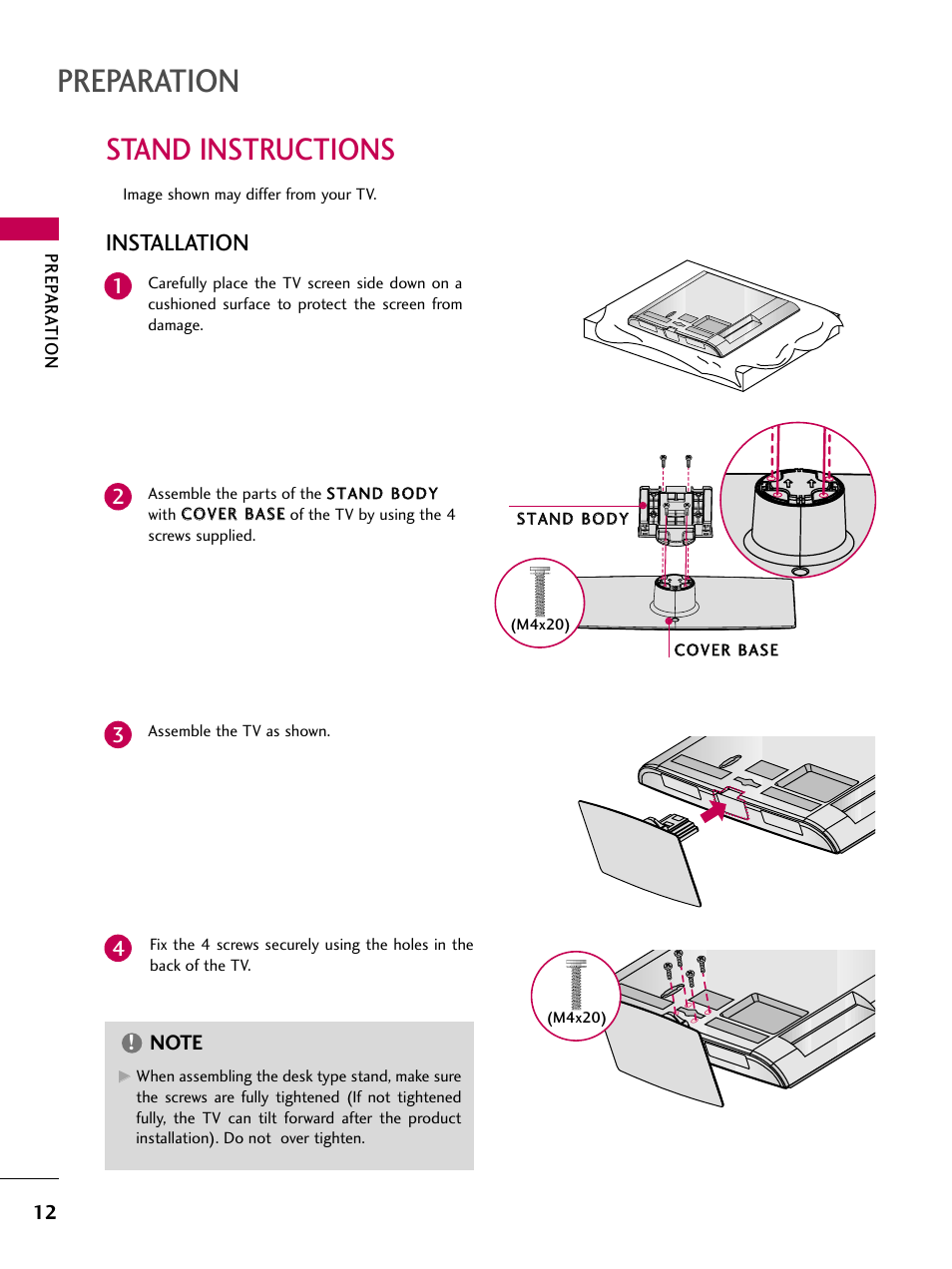 Stand instructions, Preparation, Installation | LG 26LD360L User Manual | Page 13 / 127