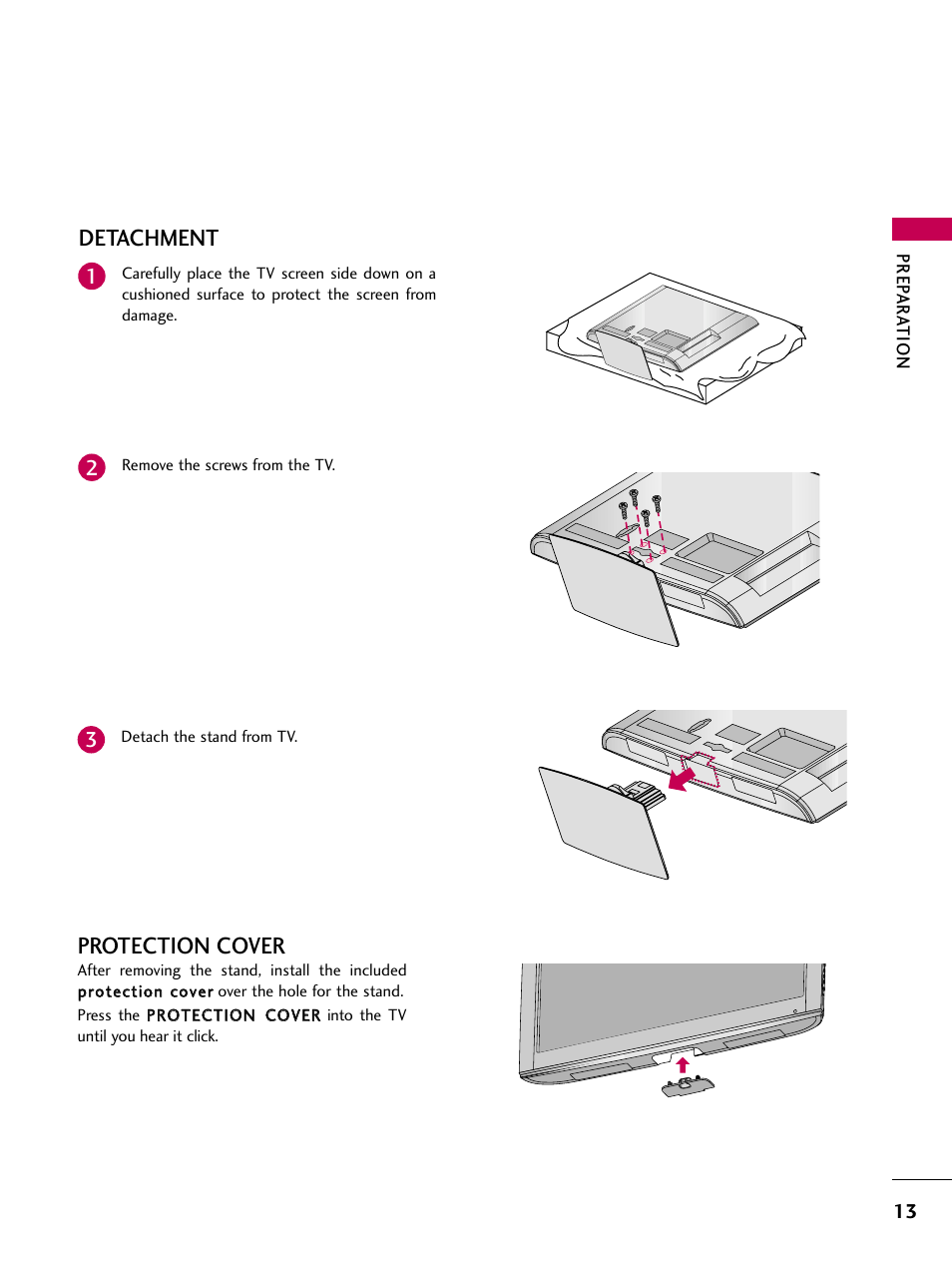Detachment, Protection cover | LG 26LD360L User Manual | Page 14 / 127