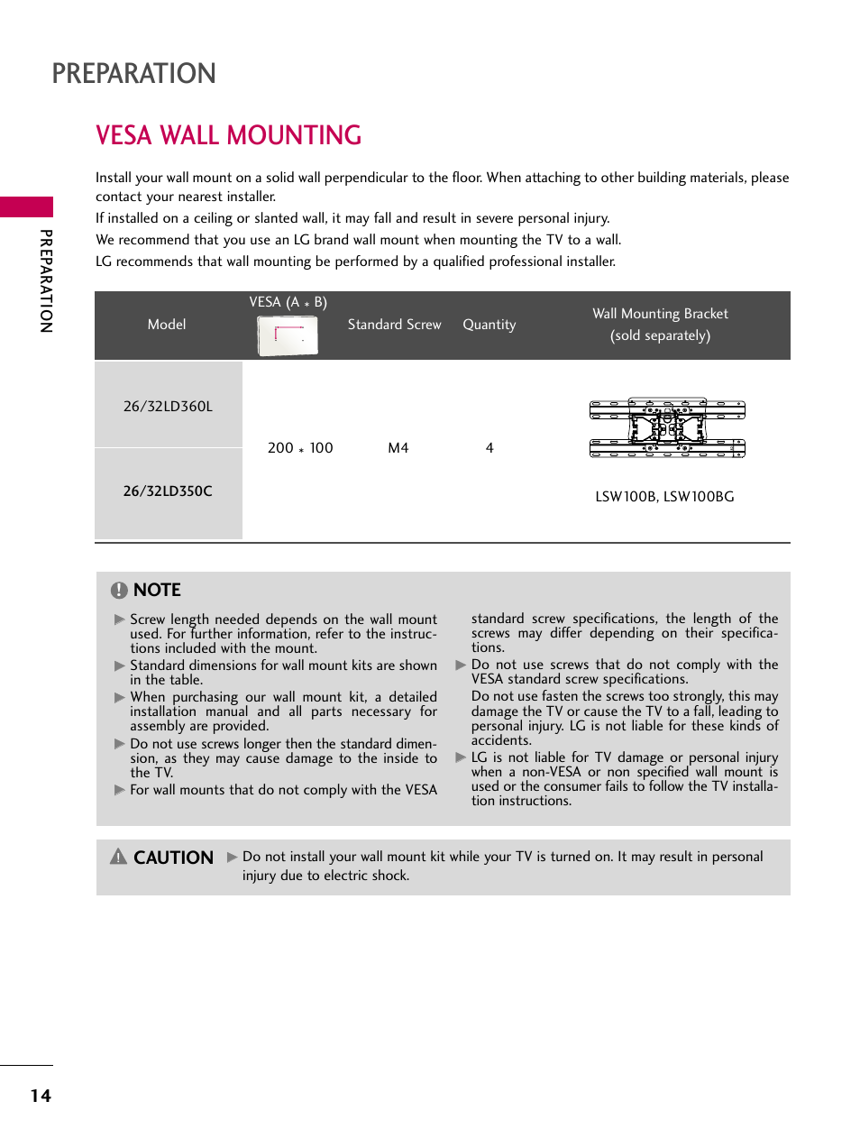 Vesa wall mounting, Preparation, Caution | Prep ar a tion | LG 26LD360L User Manual | Page 15 / 127
