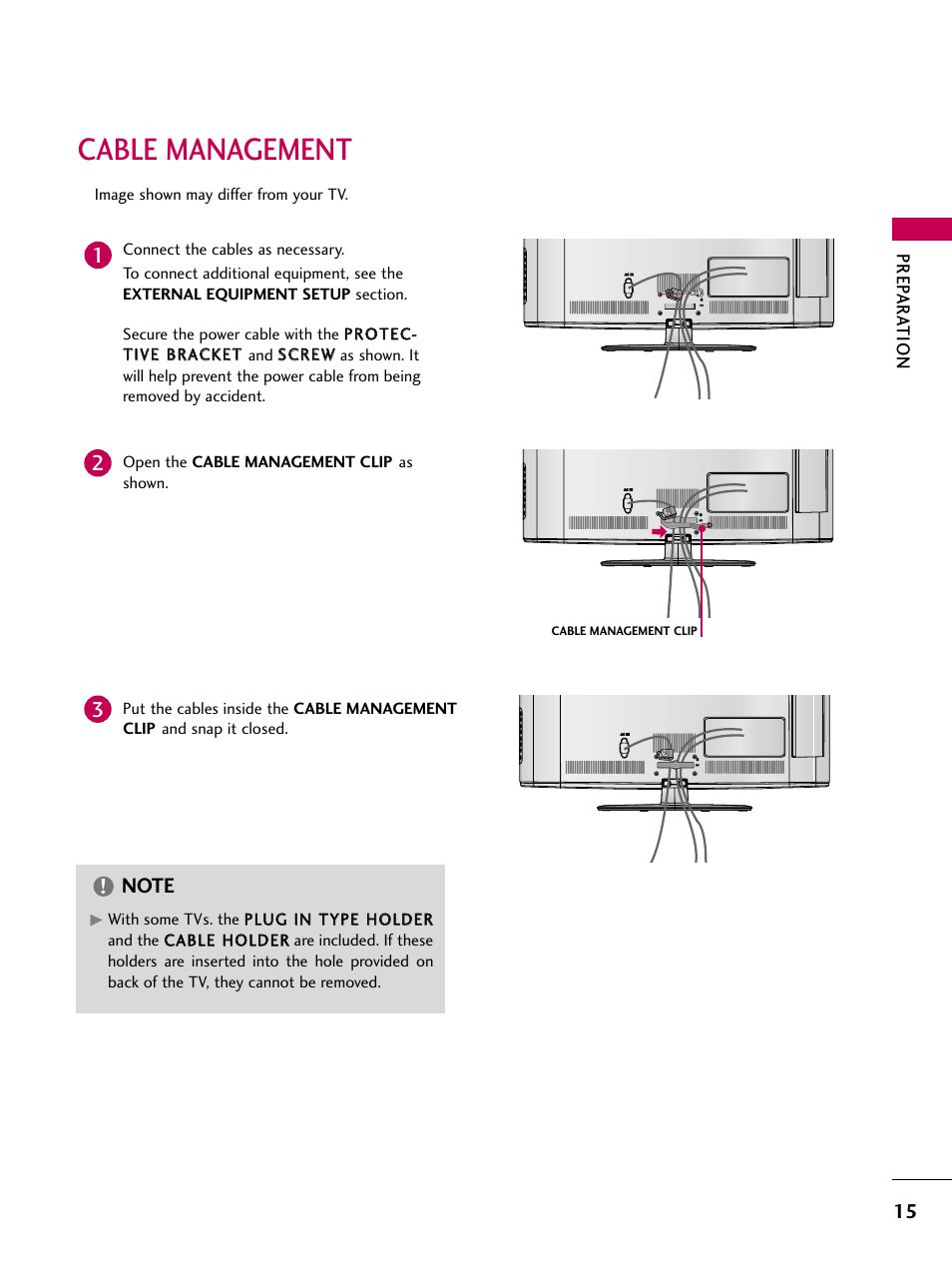 Cable management, Prep ar a tion | LG 26LD360L User Manual | Page 16 / 127