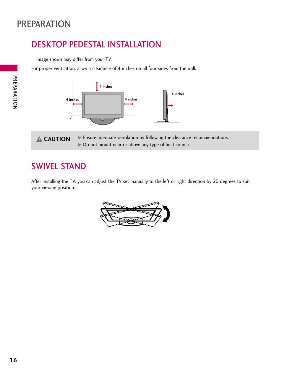 Desktop pedestal installation, Swivel stand, Preparation | Caution | LG 26LD360L User Manual | Page 17 / 127