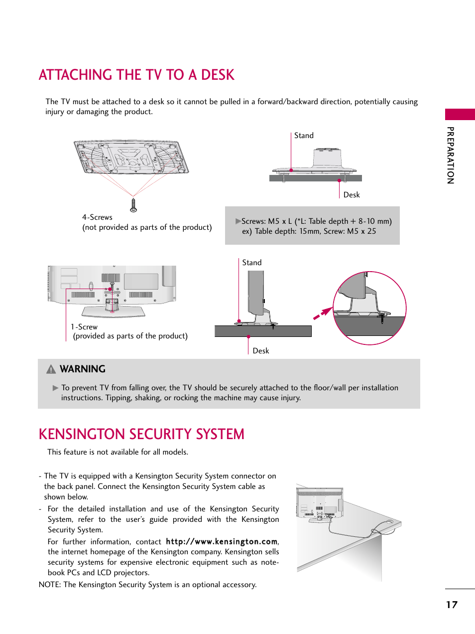 Attaching the tv to a desk, Kensington security system, Warning | LG 26LD360L User Manual | Page 18 / 127