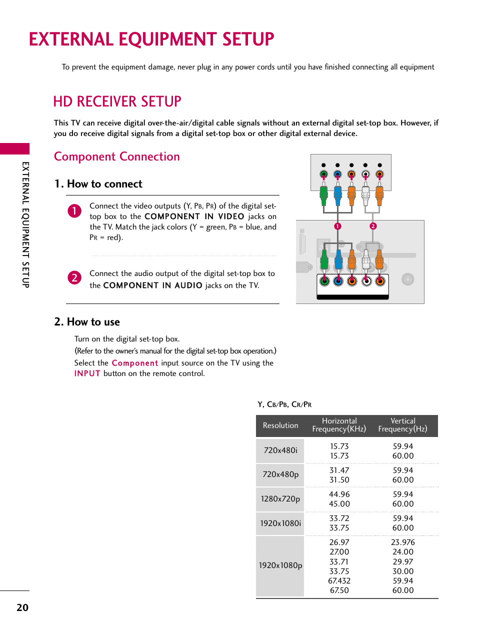 External equipment setup, Hd receiver setup, Component connection | How to connect, How to use, External eq uipment setup | LG 26LD360L User Manual | Page 21 / 127