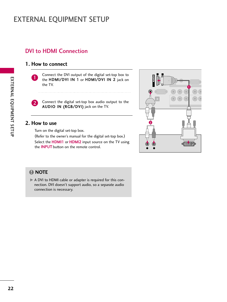 External equipment setup, Dvi to hdmi connection, How to connect 2. how to use | External eq uipment setup | LG 26LD360L User Manual | Page 23 / 127