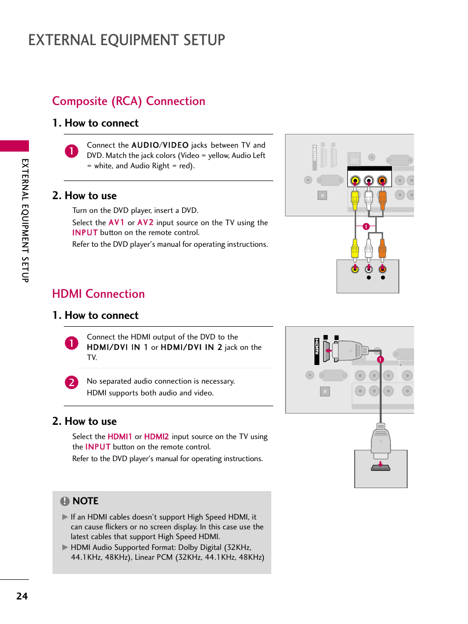 External equipment setup, Composite (rca) connection hdmi connection, How to connect 2. how to use | External eq uipment setup | LG 26LD360L User Manual | Page 25 / 127