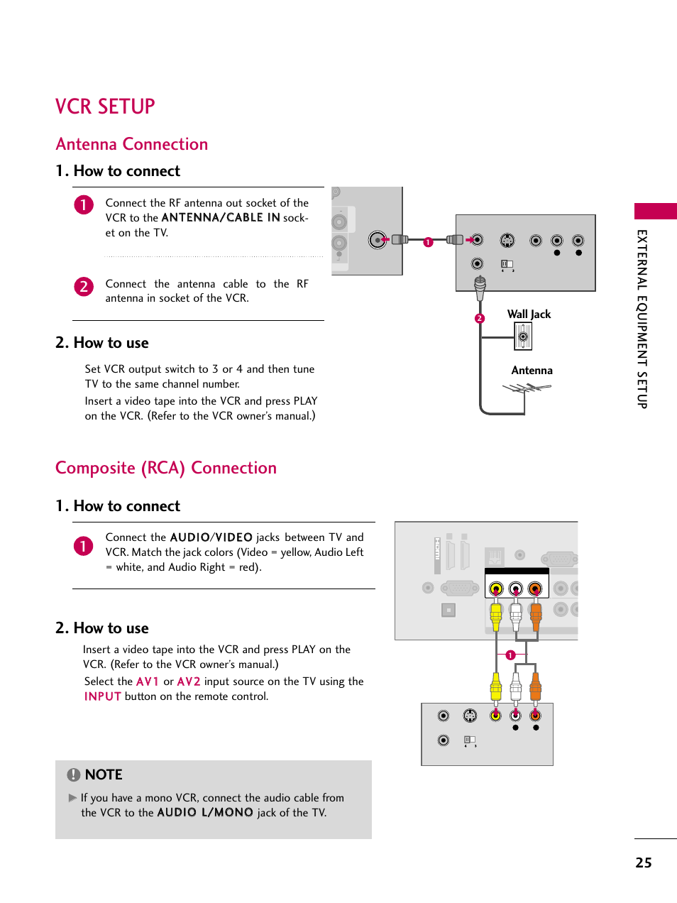 Vcr setup, Antenna connection, Composite (rca) connection | How to connect, How to use, How to connect 2. how to use, External eq uipment setup, Wall jack antenna | LG 26LD360L User Manual | Page 26 / 127