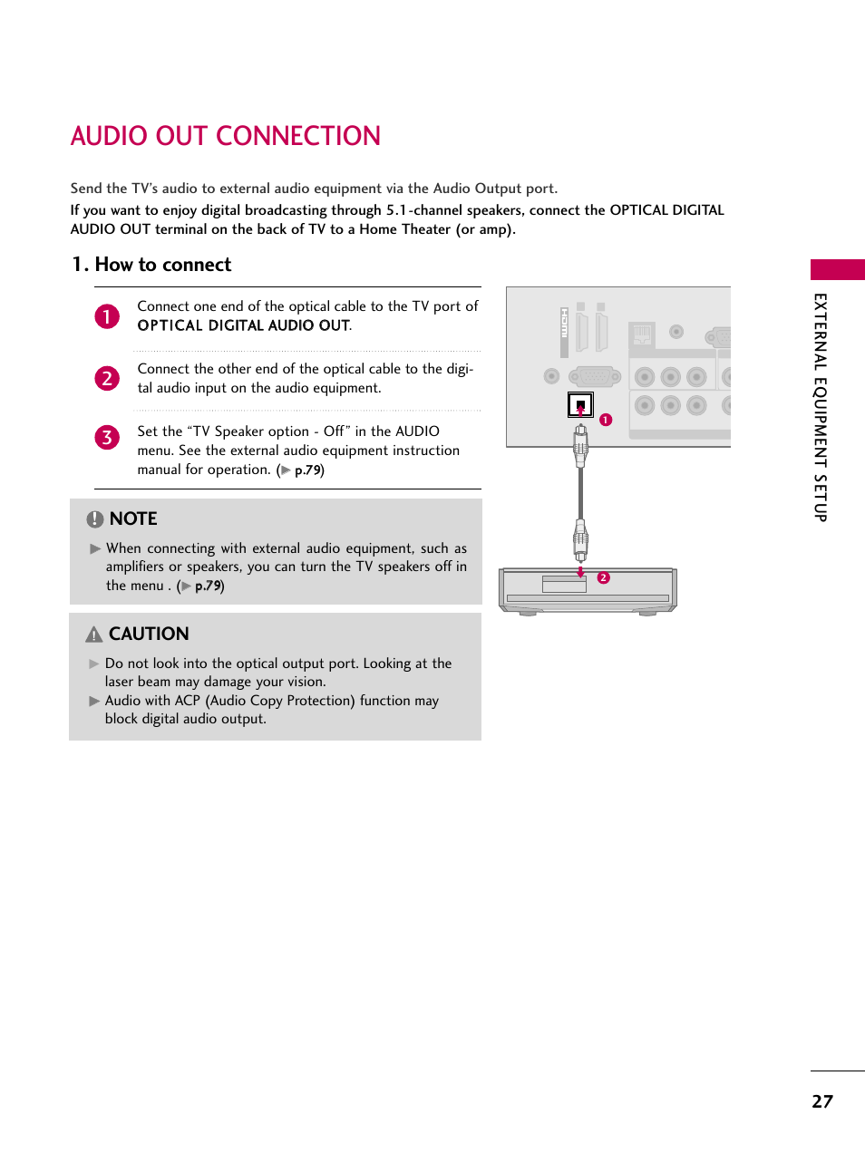 Audio out connection, How to connect, Caution | External eq uipment setup | LG 26LD360L User Manual | Page 28 / 127