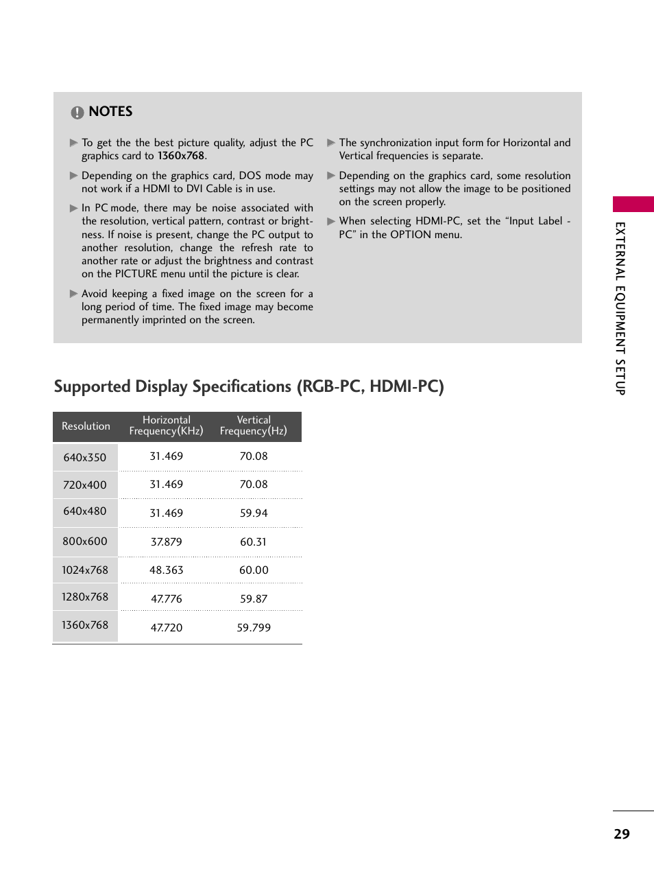 Supported display specifications (rgb-pc, hdmi-pc) | LG 26LD360L User Manual | Page 30 / 127