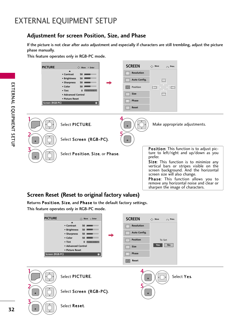 External equipment setup, Adjustment for screen position, size, and phase, Screen reset (reset to original factory values) | External eq uipment setup | LG 26LD360L User Manual | Page 33 / 127