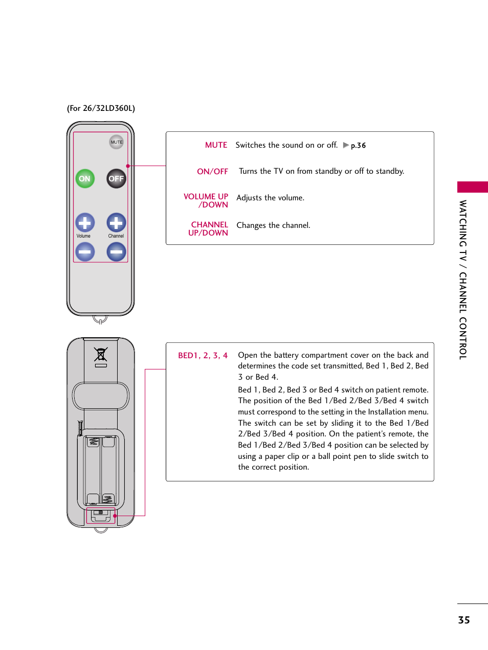 Wa tching tv / channel contr ol | LG 26LD360L User Manual | Page 36 / 127