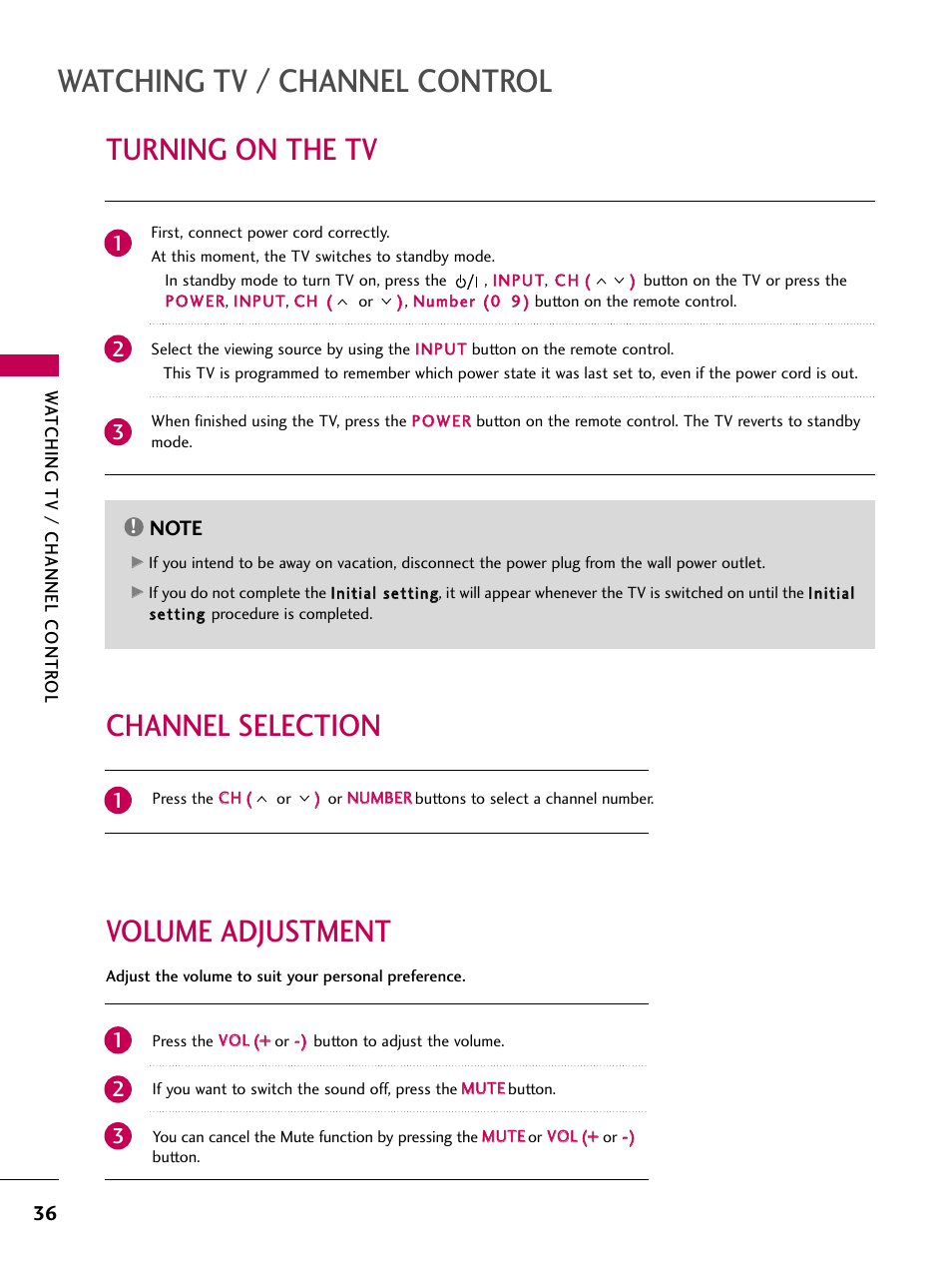 Turning on the tv, Channel selection, Volume adjustment | Watching tv / channel control, Volume adjustment channel selection | LG 26LD360L User Manual | Page 37 / 127