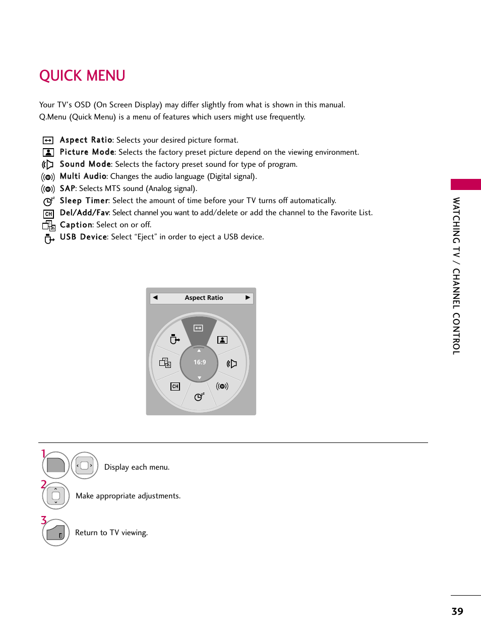 Quick menu | LG 26LD360L User Manual | Page 40 / 127