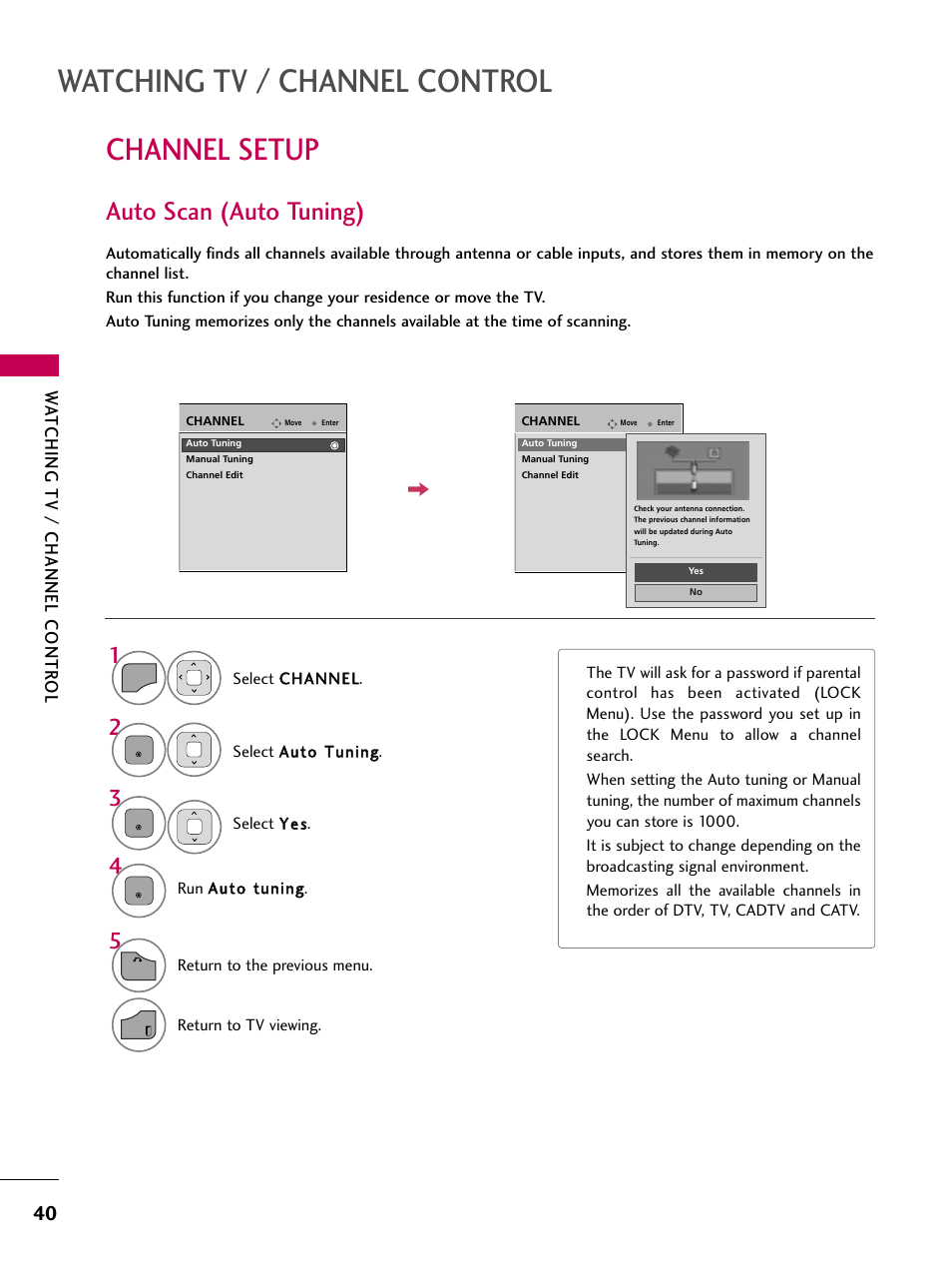 Channel setup, Watching tv / channel control, Auto scan (auto tuning) | Wa tching tv / channel contr ol | LG 26LD360L User Manual | Page 41 / 127