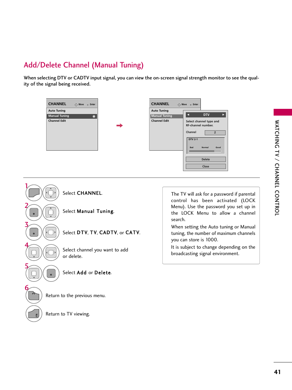 Add/delete channel (manual tuning), Wa tching tv / channel contr ol | LG 26LD360L User Manual | Page 42 / 127