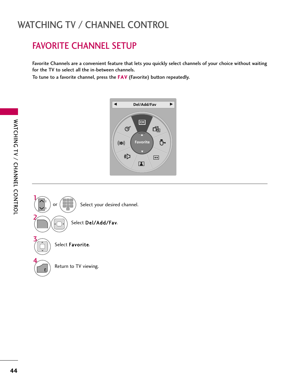 Favorite channel setup, Watching tv / channel control, Wa tching tv / channel contr ol | LG 26LD360L User Manual | Page 45 / 127