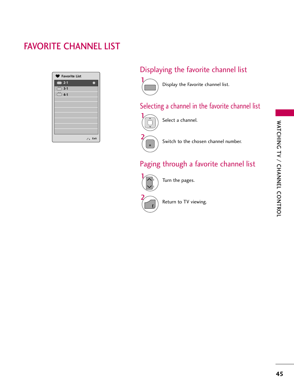 Favorite channel list, Selecting a channel in the favorite channel list, Paging through a favorite channel list | Displaying the favorite channel list, Wa tching tv / channel contr ol | LG 26LD360L User Manual | Page 46 / 127