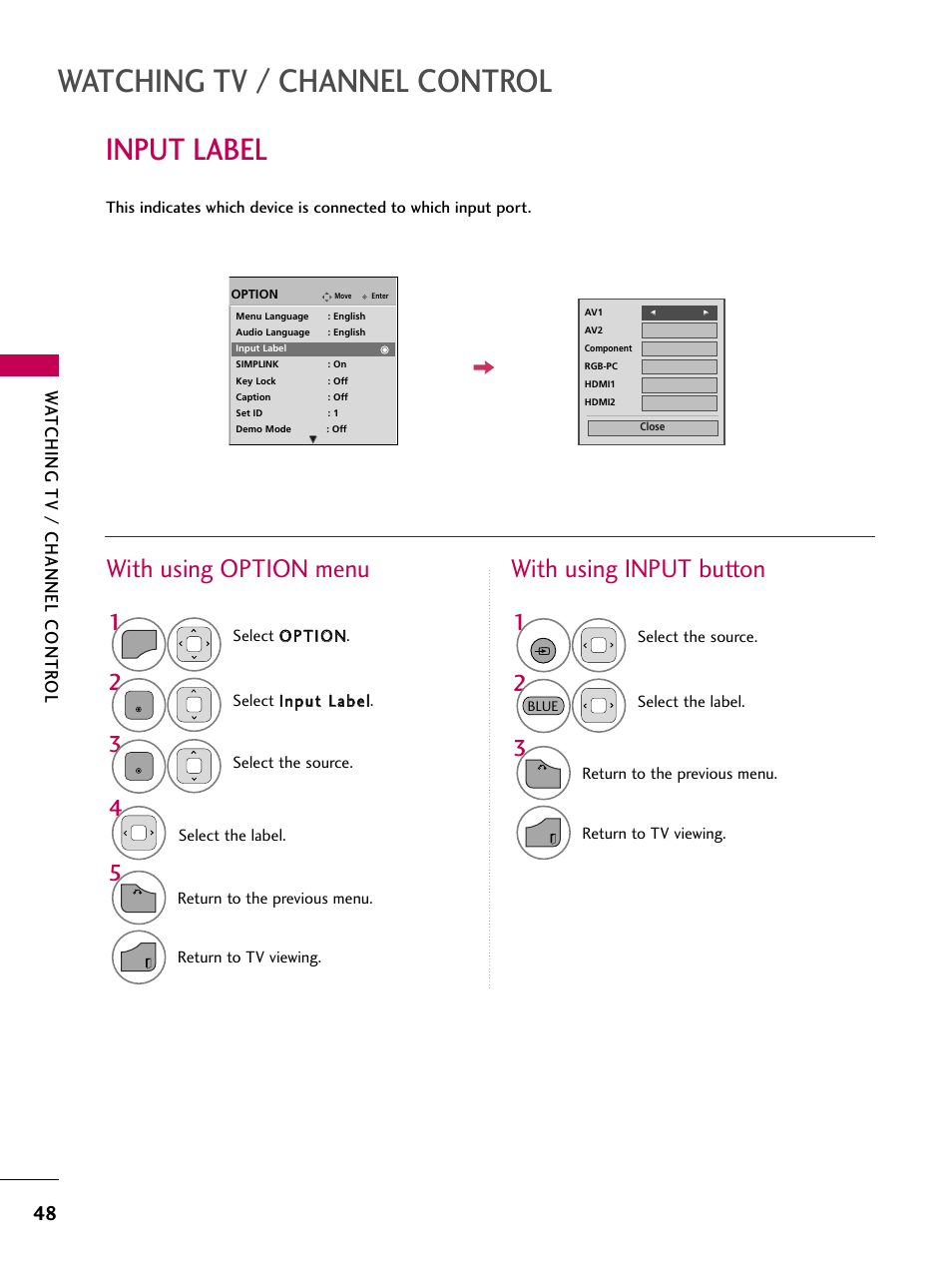 Input label, Watching tv / channel control, With using option menu | With using input button, Wa tching tv / channel contr ol | LG 26LD360L User Manual | Page 49 / 127