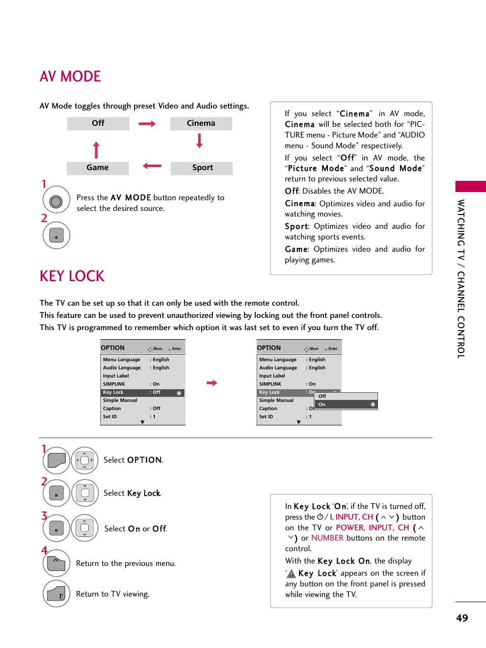 Av mode, Key lock, Wa tching tv / channel contr ol | LG 26LD360L User Manual | Page 50 / 127