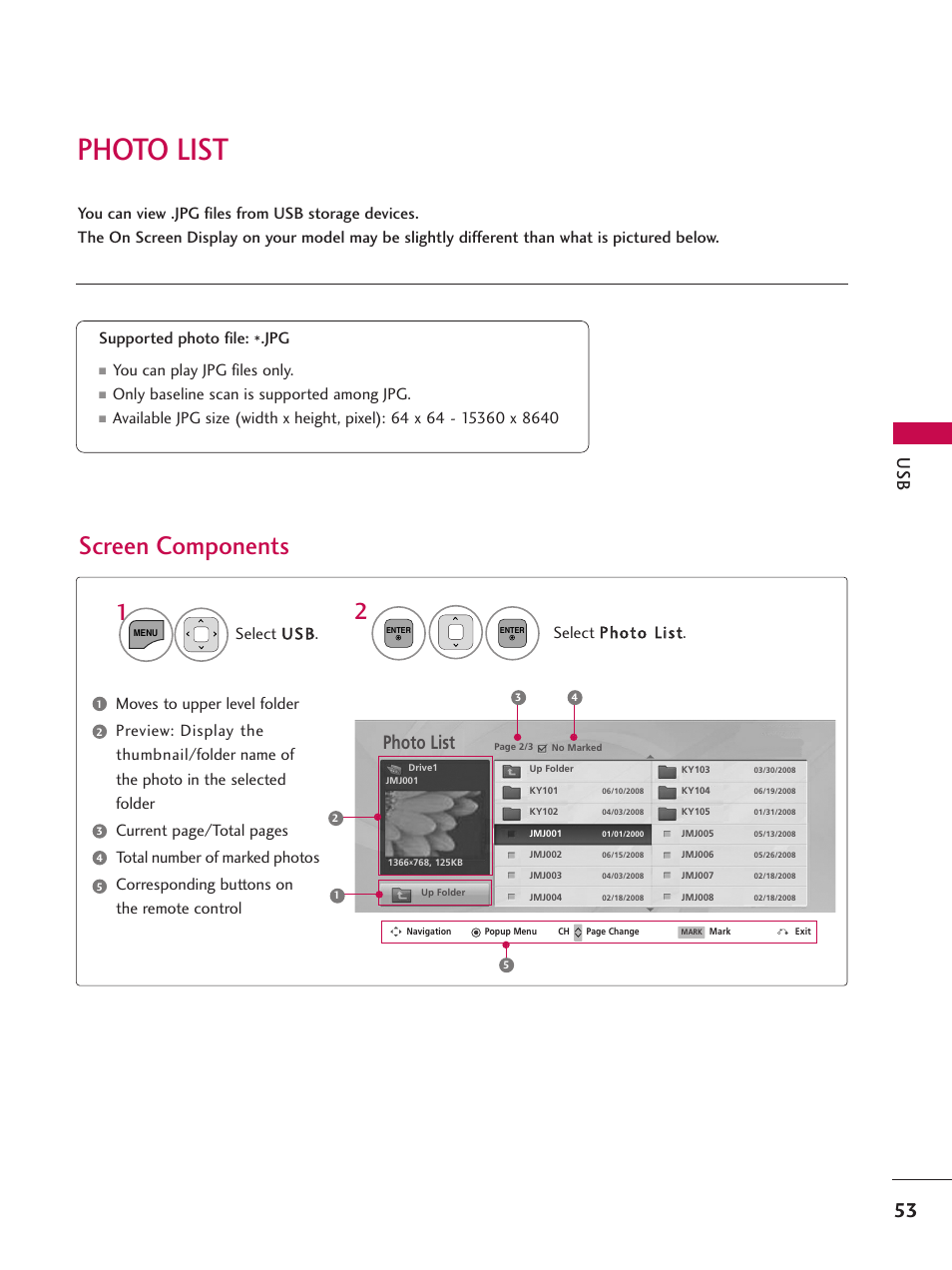 Photo list, Screen components, You can play jpg files only | Only baseline scan is supported among jpg | LG 26LD360L User Manual | Page 54 / 127