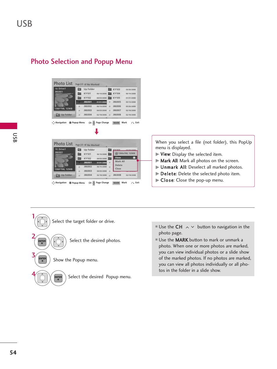 Photo selection and popup menu, Show the popup menu, Select the desired popup menu | Photo list, Vviieew w: display the selected item, Ddeelleettee: delete the selected photo item, Cc ll o o ss ee: close the pop-up menu | LG 26LD360L User Manual | Page 55 / 127