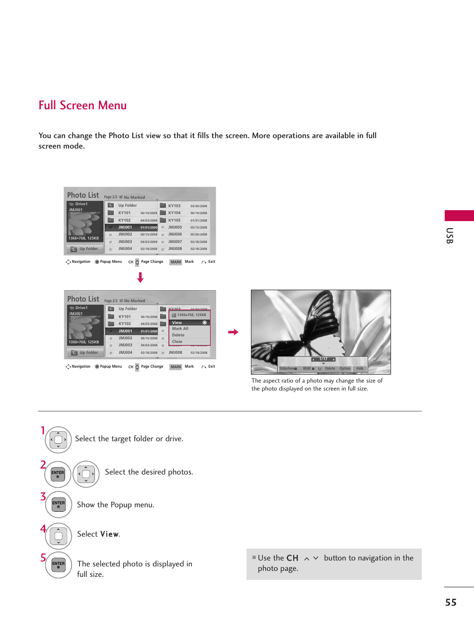 Full screen menu, Photo list | LG 26LD360L User Manual | Page 56 / 127